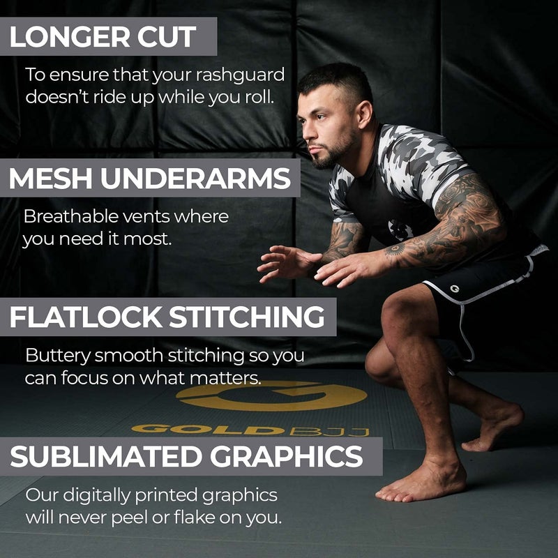 Gold BJJ Jiu Jitsu Rashguard - Camo Short Sleeve Rash Guard Compression Shirt for No-Gi, Gi, & MMA (Black Camo, M) - Image 3